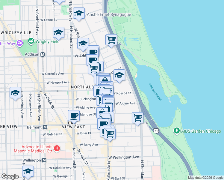 map of restaurants, bars, coffee shops, grocery stores, and more near 540 West Roscoe Street in Chicago