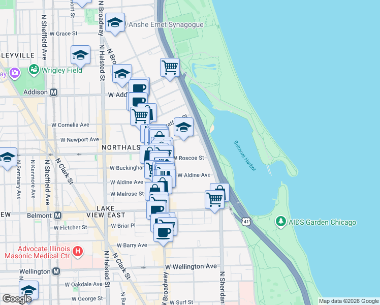 map of restaurants, bars, coffee shops, grocery stores, and more near 500 West Roscoe Street in Chicago