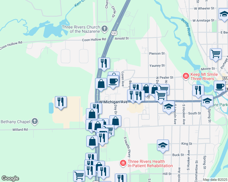 map of restaurants, bars, coffee shops, grocery stores, and more near 203 U.S. 131 in Three Rivers