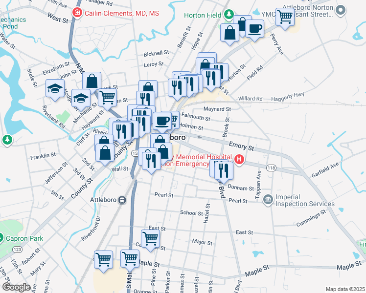map of restaurants, bars, coffee shops, grocery stores, and more near 7 Howard Avenue in Attleboro