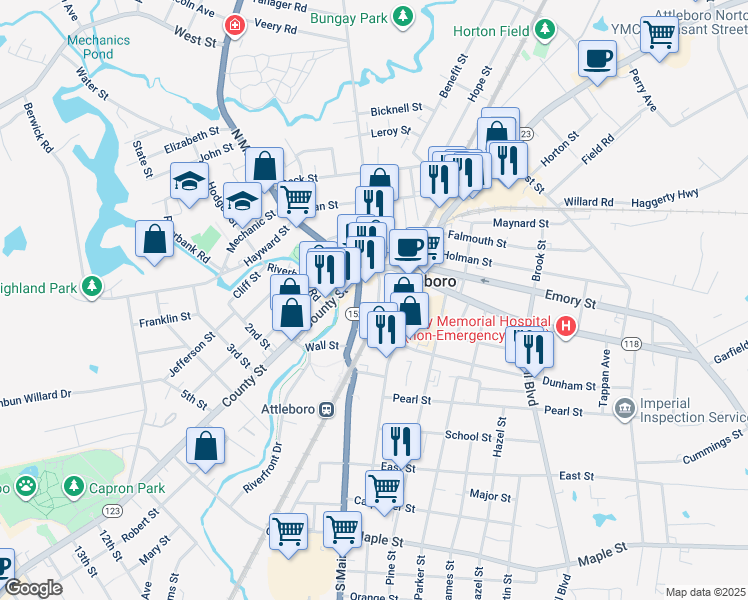 map of restaurants, bars, coffee shops, grocery stores, and more near 61 Union Street in Attleboro