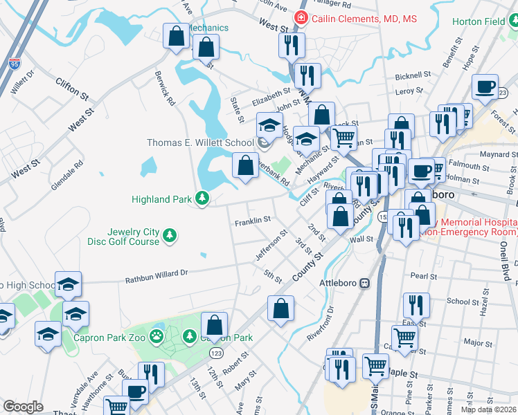 map of restaurants, bars, coffee shops, grocery stores, and more near 51 East 4th Street in Attleboro