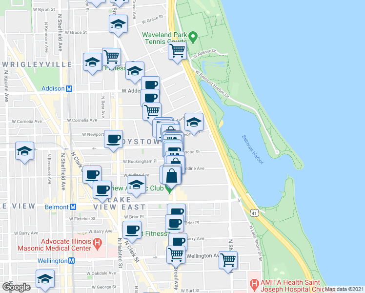 map of restaurants, bars, coffee shops, grocery stores, and more near 539 West Roscoe Street in Chicago