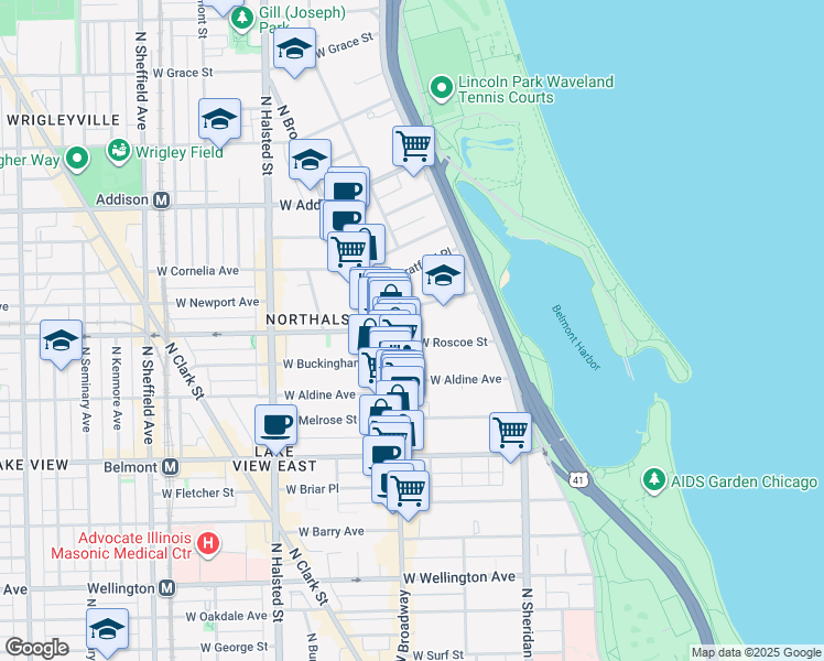 map of restaurants, bars, coffee shops, grocery stores, and more near 539 West Roscoe Street in Chicago