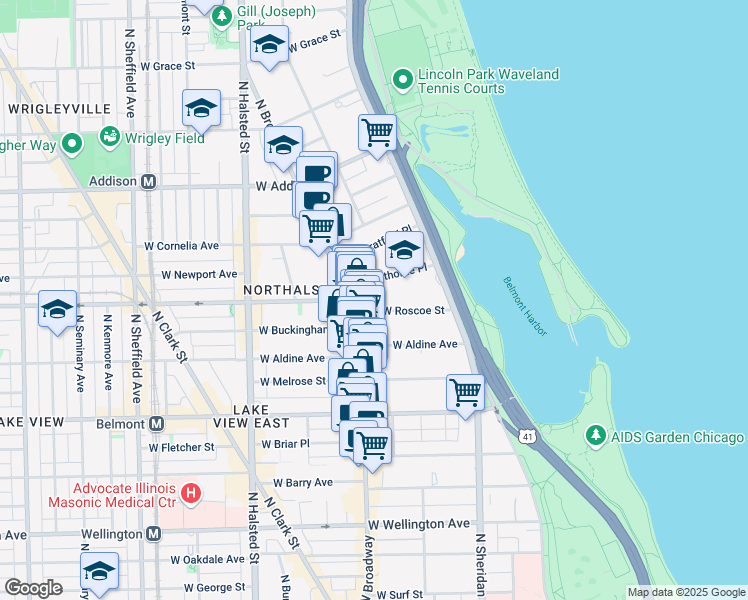 map of restaurants, bars, coffee shops, grocery stores, and more near 539 West Roscoe Street in Chicago