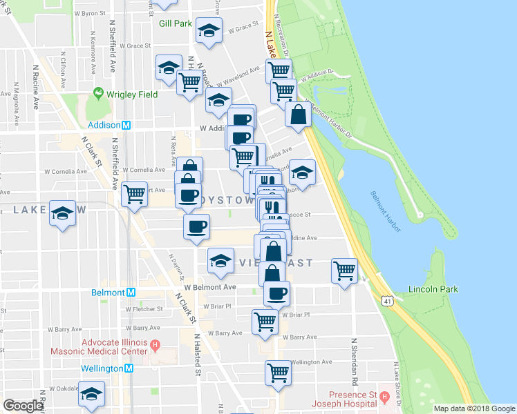 map of restaurants, bars, coffee shops, grocery stores, and more near in Chicago