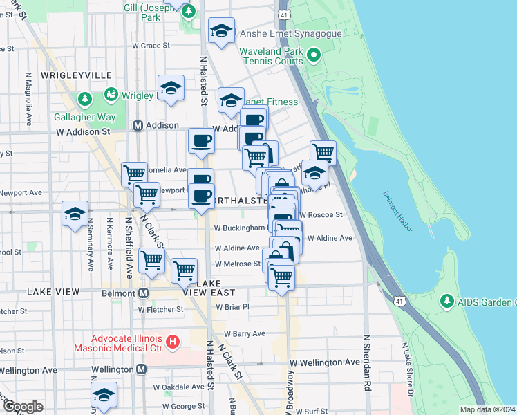 map of restaurants, bars, coffee shops, grocery stores, and more near 650 West Buckingham Place in Chicago