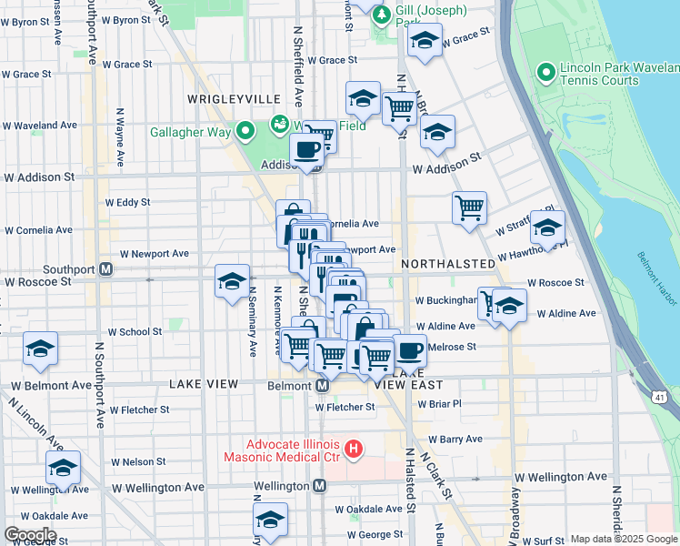 map of restaurants, bars, coffee shops, grocery stores, and more near 3341 North Clark Street in Chicago
