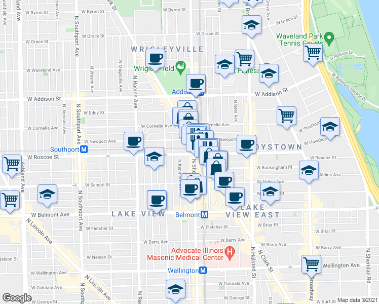 map of restaurants, bars, coffee shops, grocery stores, and more near 3341 North Sheffield Avenue in Chicago