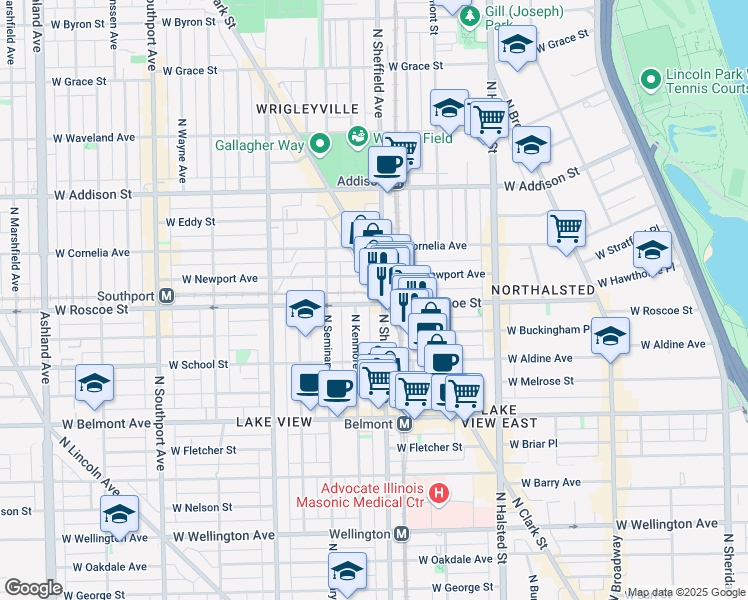 map of restaurants, bars, coffee shops, grocery stores, and more near 3341 North Sheffield Avenue in Chicago