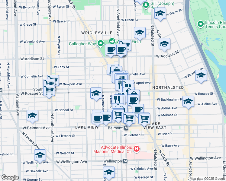 map of restaurants, bars, coffee shops, grocery stores, and more near 3344 North Kenmore Avenue in Chicago
