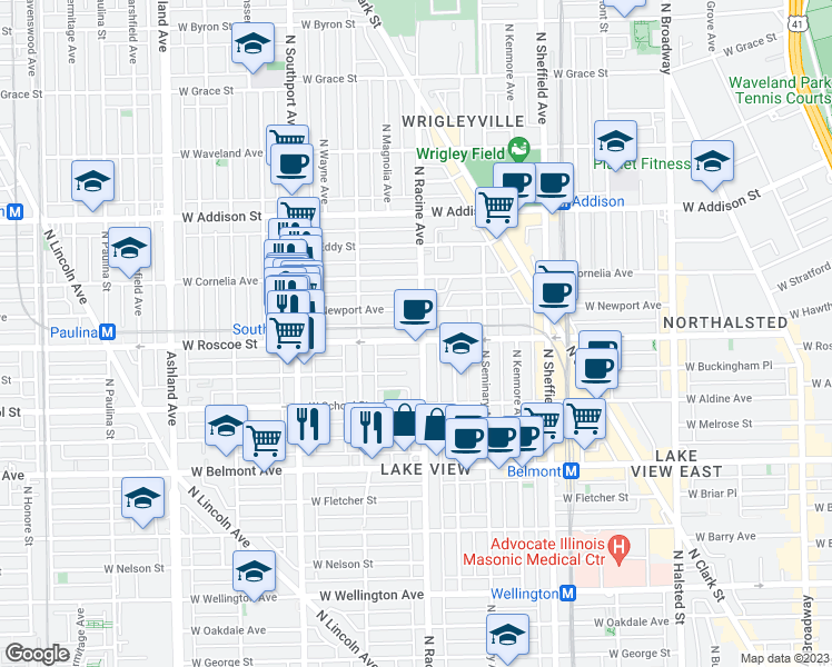 map of restaurants, bars, coffee shops, grocery stores, and more near 1216 West Roscoe Street in Chicago