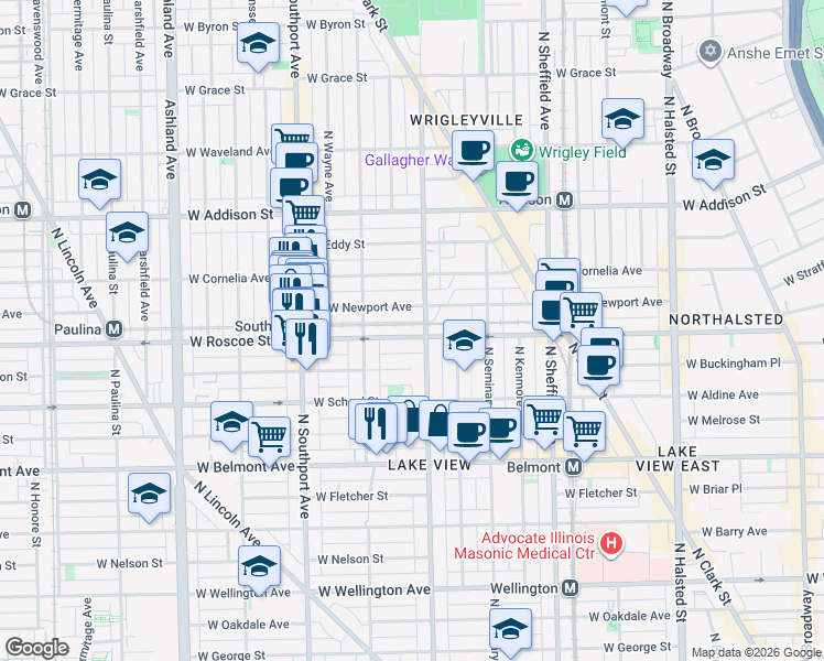 map of restaurants, bars, coffee shops, grocery stores, and more near 1216 West Roscoe Street in Chicago