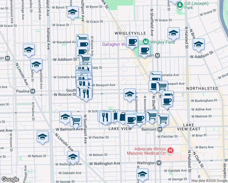 map of restaurants, bars, coffee shops, grocery stores, and more near 1216 West Roscoe Street in Chicago