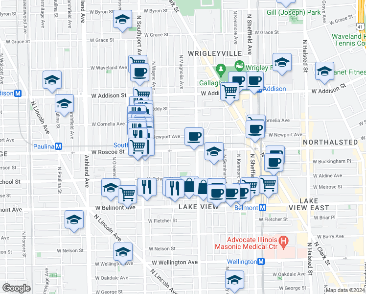 map of restaurants, bars, coffee shops, grocery stores, and more near 1216 West Roscoe Street in Chicago