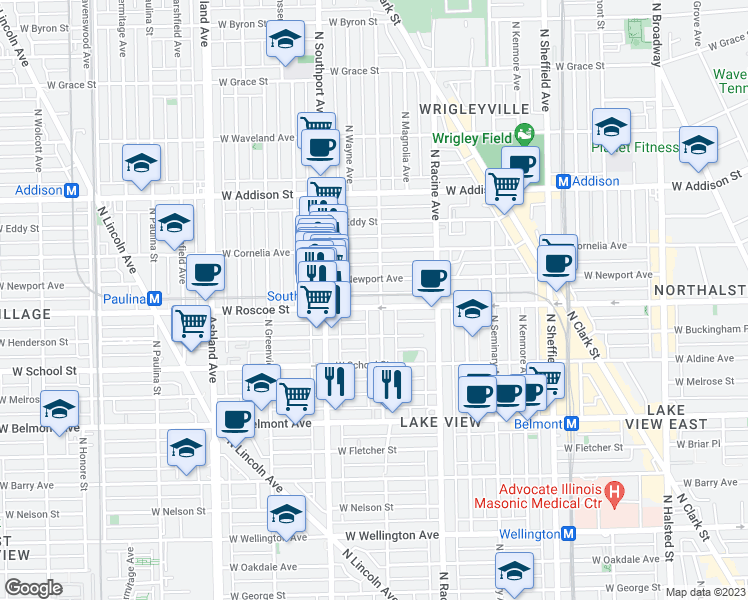 map of restaurants, bars, coffee shops, grocery stores, and more near 3346 North Lakewood Avenue in Chicago
