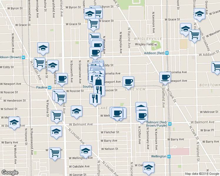 map of restaurants, bars, coffee shops, grocery stores, and more near 3346 North Lakewood Avenue in Chicago