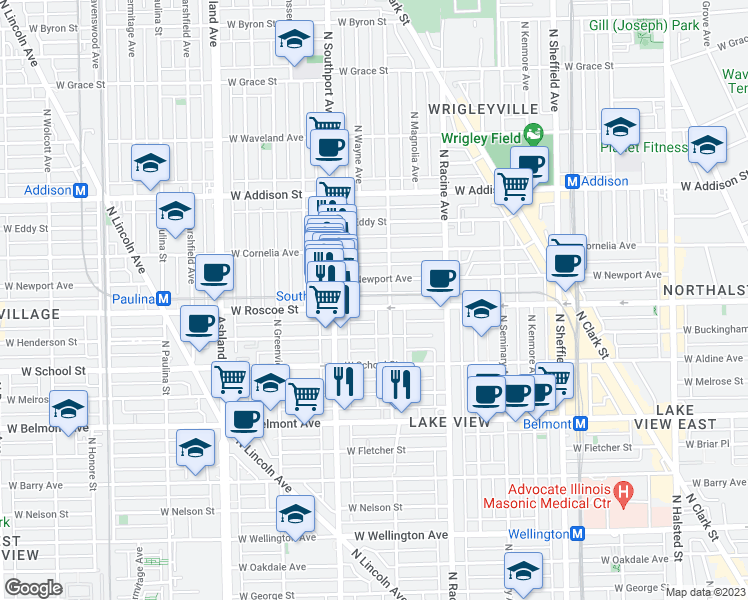 map of restaurants, bars, coffee shops, grocery stores, and more near 3347 North Lakewood Avenue in Chicago