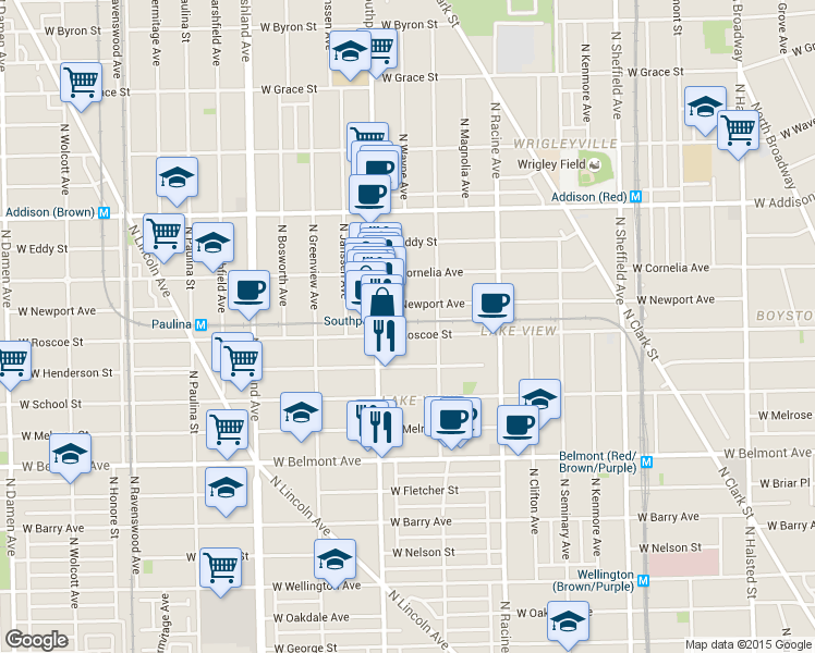 map of restaurants, bars, coffee shops, grocery stores, and more near 1341 West Roscoe Street in Chicago