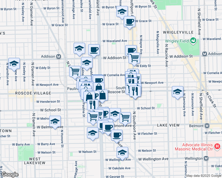 map of restaurants, bars, coffee shops, grocery stores, and more near 1525 West Roscoe Street in Chicago