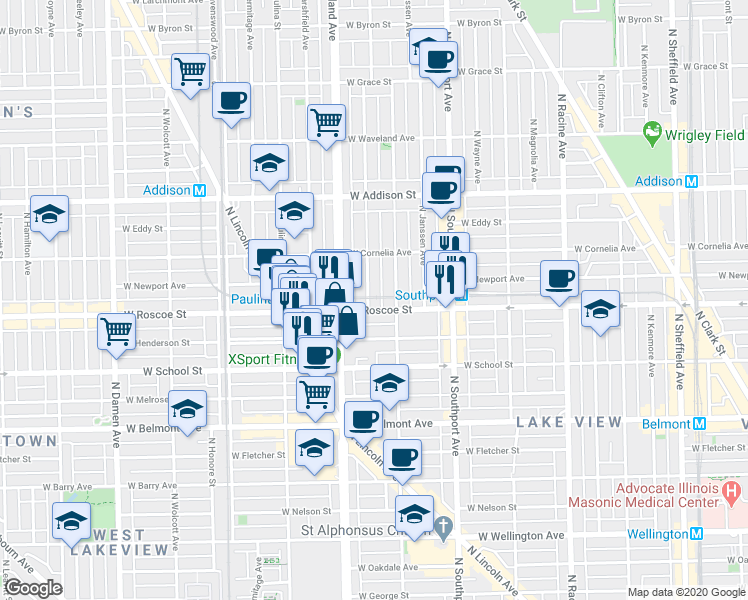 map of restaurants, bars, coffee shops, grocery stores, and more near 1525 West Roscoe Street in Chicago