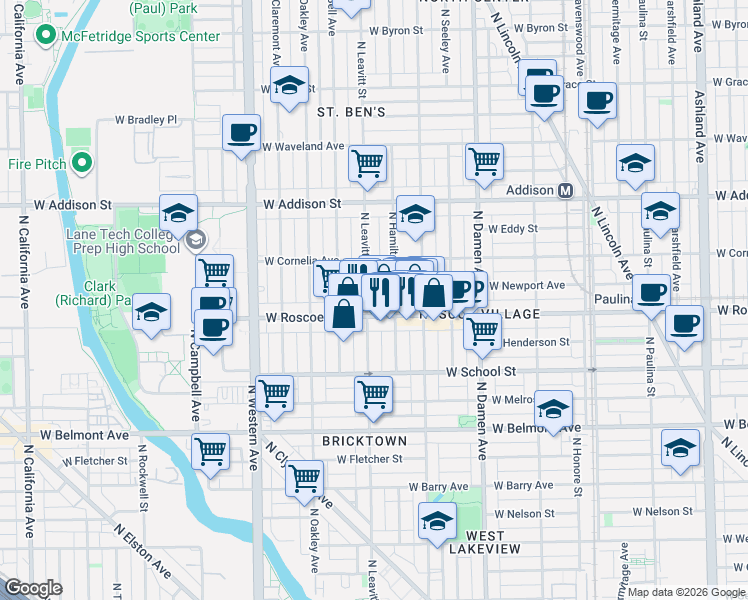 map of restaurants, bars, coffee shops, grocery stores, and more near 2139 West Roscoe Street in Chicago