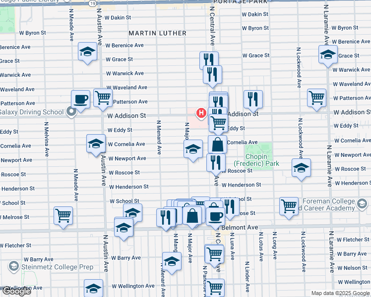 map of restaurants, bars, coffee shops, grocery stores, and more near 5707 West Newport Avenue in Chicago