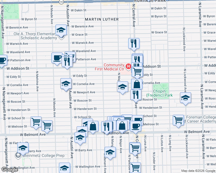 map of restaurants, bars, coffee shops, grocery stores, and more near 5751 West Newport Avenue in Chicago