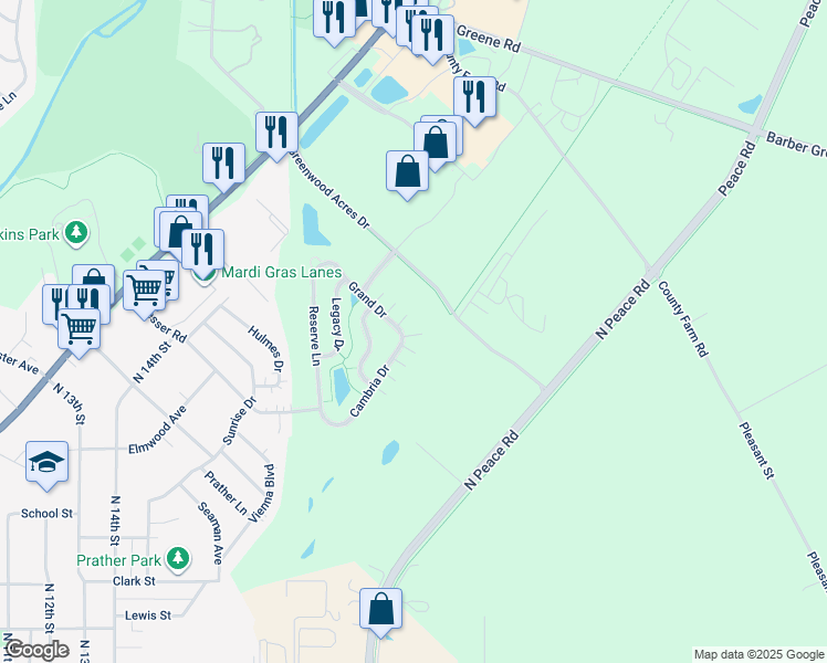 map of restaurants, bars, coffee shops, grocery stores, and more near 1504 Cambria Drive in DeKalb