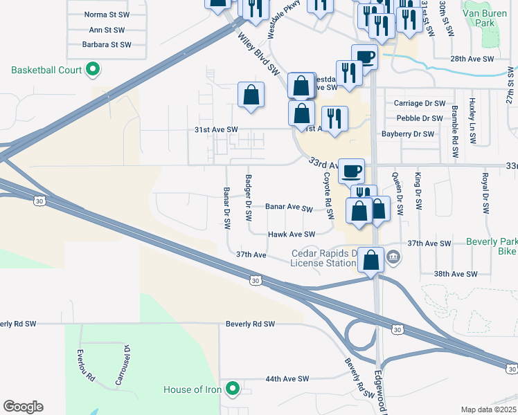 map of restaurants, bars, coffee shops, grocery stores, and more near 3609 Badger Dr SW in Cedar Rapids