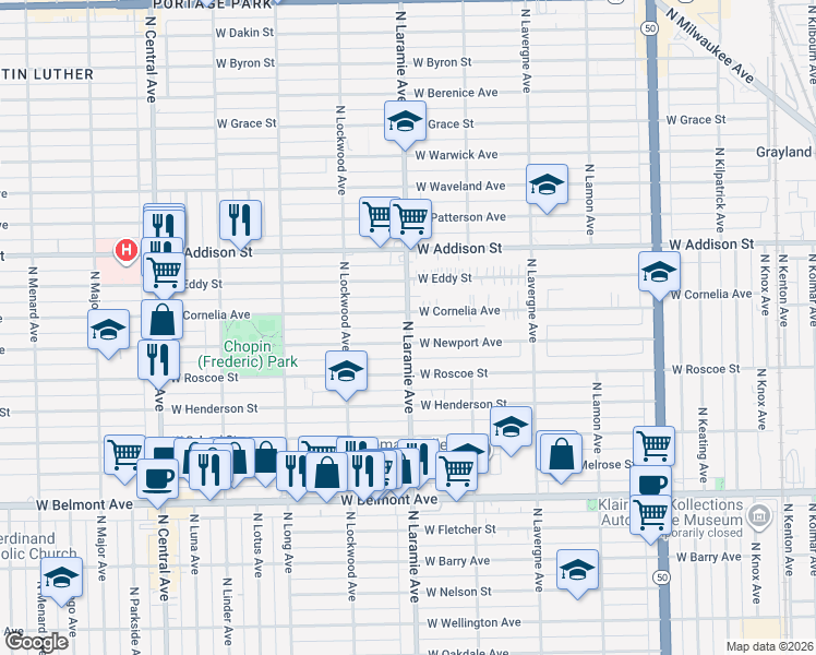 map of restaurants, bars, coffee shops, grocery stores, and more near 3451 North Laramie Avenue in Chicago