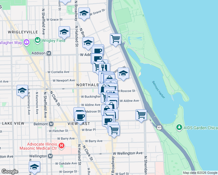 map of restaurants, bars, coffee shops, grocery stores, and more near 3411 North Broadway in Chicago