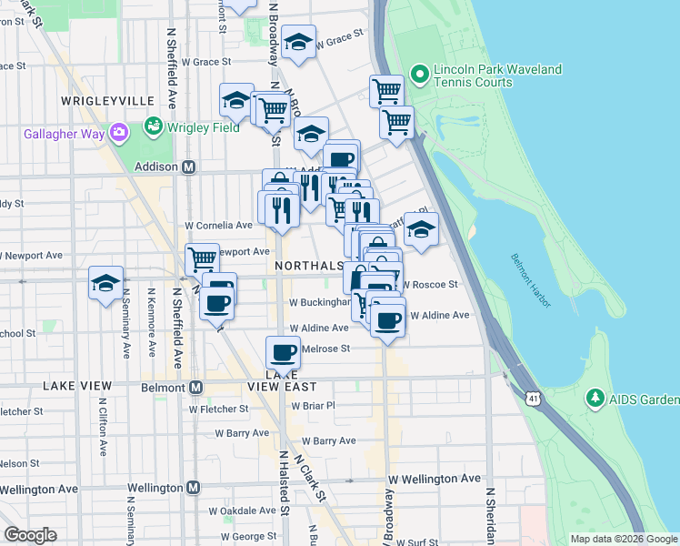 map of restaurants, bars, coffee shops, grocery stores, and more near 3421 North Elaine Place in Chicago
