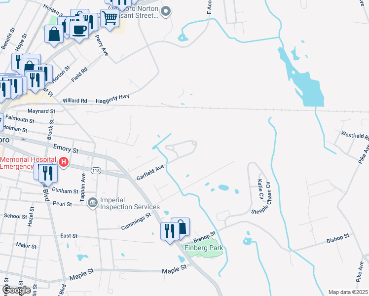 map of restaurants, bars, coffee shops, grocery stores, and more near 100 Garfield Avenue in Attleboro