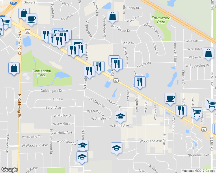 map of restaurants, bars, coffee shops, grocery stores, and more near 1291 West Lake Street in Addison
