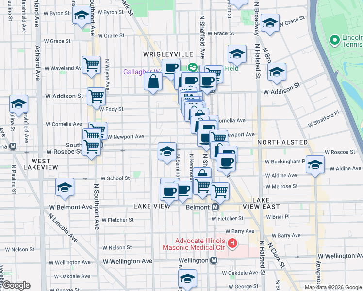 map of restaurants, bars, coffee shops, grocery stores, and more near 1104 West Newport Avenue in Chicago