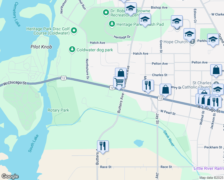 map of restaurants, bars, coffee shops, grocery stores, and more near 511 West Chicago Street in Coldwater