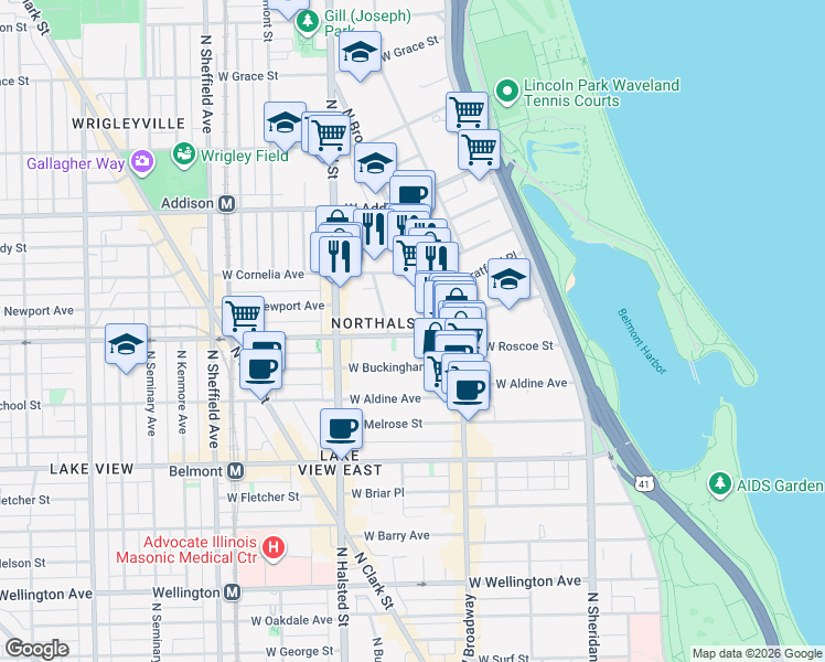 map of restaurants, bars, coffee shops, grocery stores, and more near 3421 North Elaine Place in Chicago