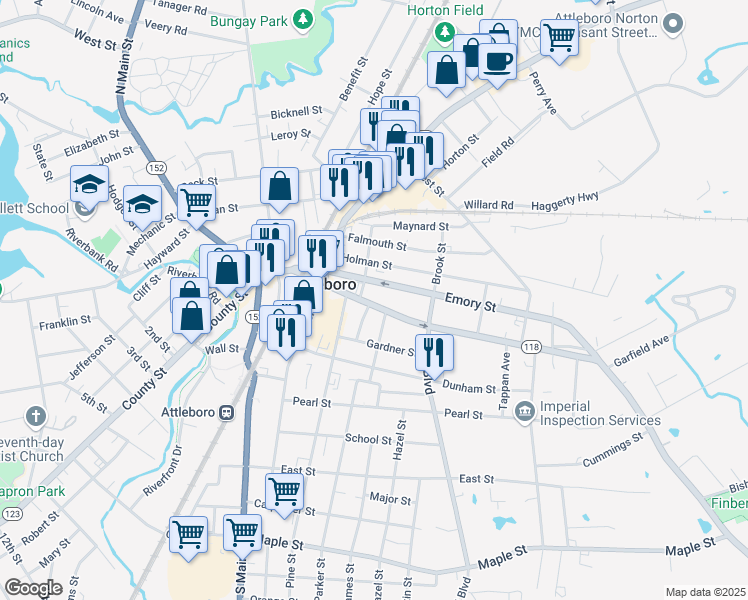 map of restaurants, bars, coffee shops, grocery stores, and more near 28 Emory Street in Attleboro