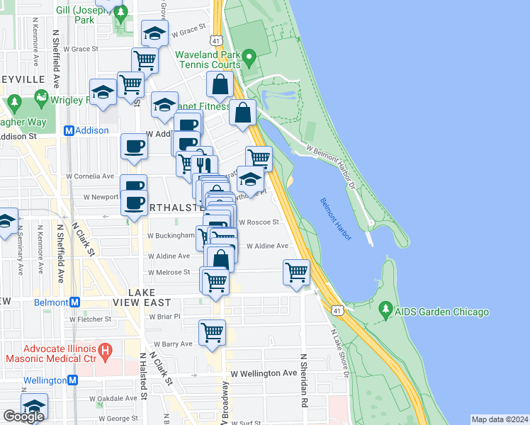 map of restaurants, bars, coffee shops, grocery stores, and more near 523 West Hawthorne Place in Chicago