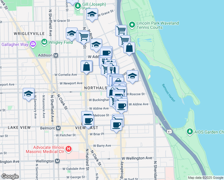 map of restaurants, bars, coffee shops, grocery stores, and more near 3473 North Broadway in Chicago