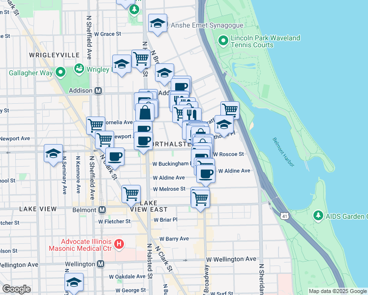 map of restaurants, bars, coffee shops, grocery stores, and more near 3421 North Elaine Place in Chicago