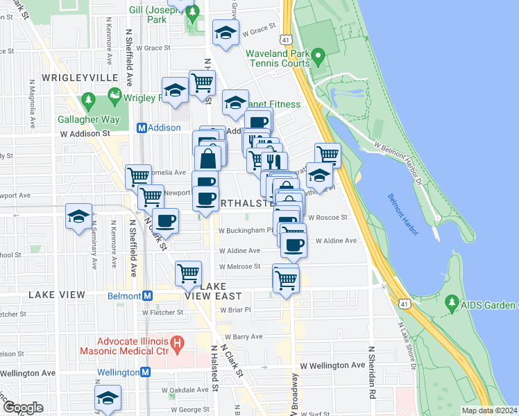 map of restaurants, bars, coffee shops, grocery stores, and more near 3421 North Elaine Place in Chicago