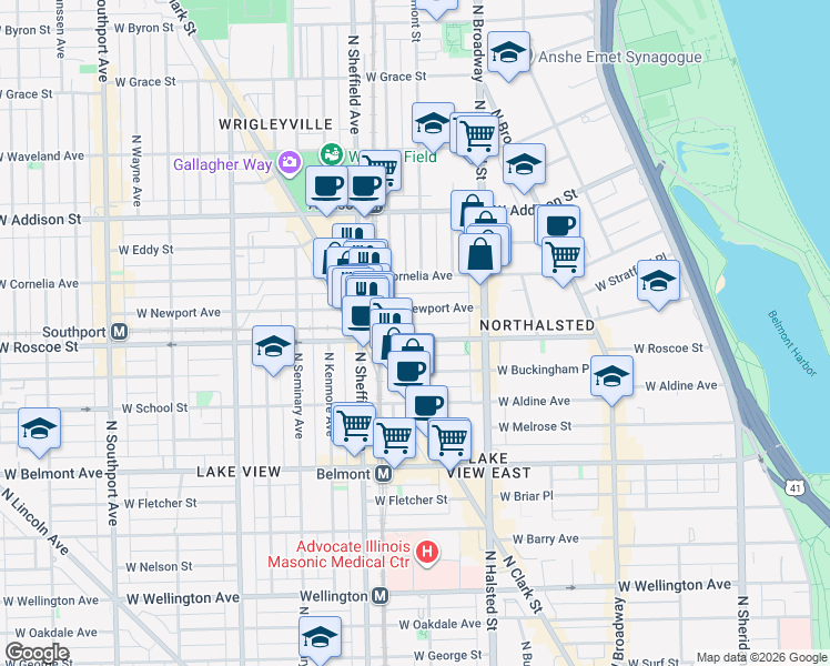 map of restaurants, bars, coffee shops, grocery stores, and more near 914 West Newport Avenue in Chicago