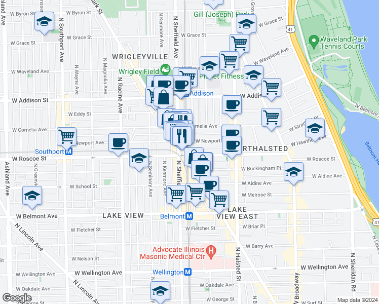 map of restaurants, bars, coffee shops, grocery stores, and more near 3433 North Sheffield Avenue in Chicago
