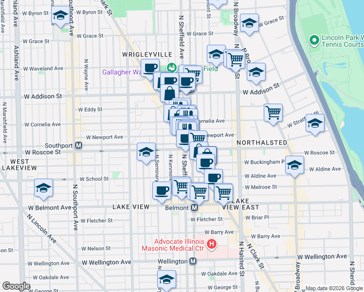map of restaurants, bars, coffee shops, grocery stores, and more near 3433 North Sheffield Avenue in Chicago