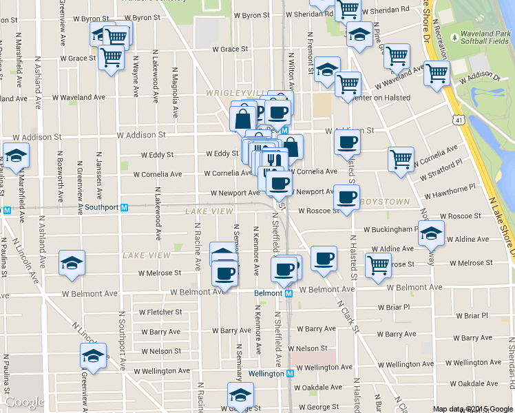 map of restaurants, bars, coffee shops, grocery stores, and more near 1030 West Newport Avenue in Chicago
