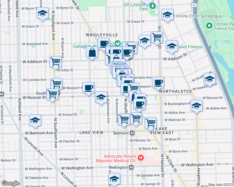 map of restaurants, bars, coffee shops, grocery stores, and more near 1030 West Newport Avenue in Chicago