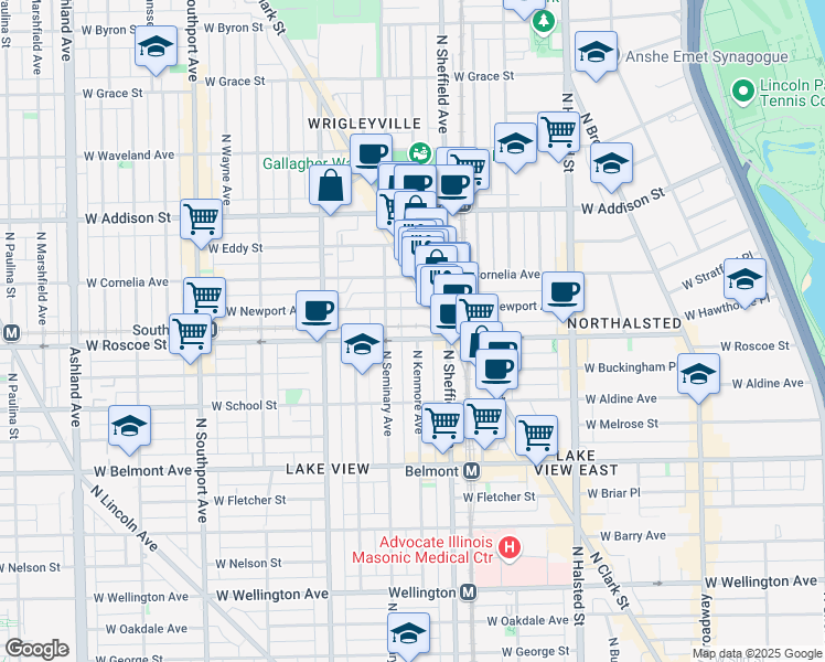map of restaurants, bars, coffee shops, grocery stores, and more near 1030 West Newport Avenue in Chicago