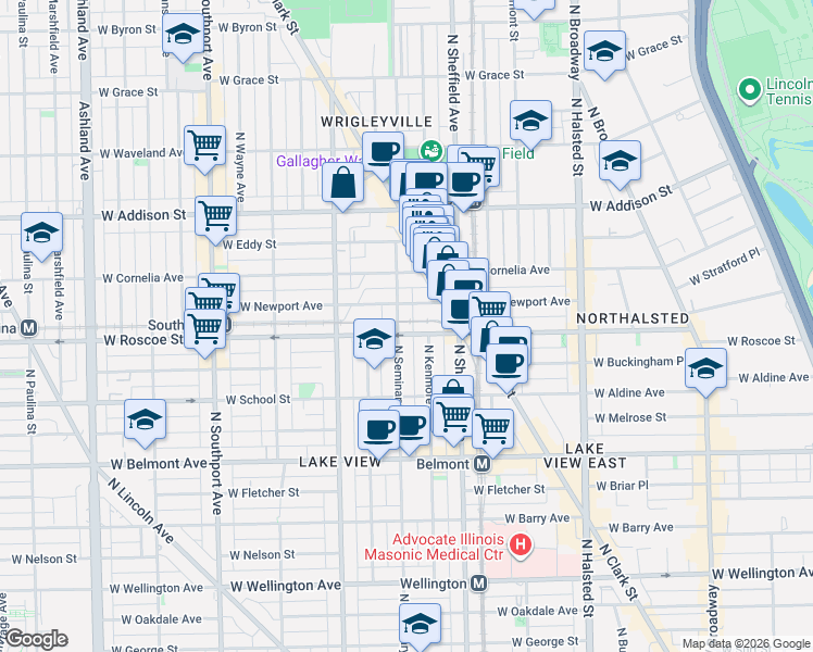map of restaurants, bars, coffee shops, grocery stores, and more near 1108 West Newport Avenue in Chicago
